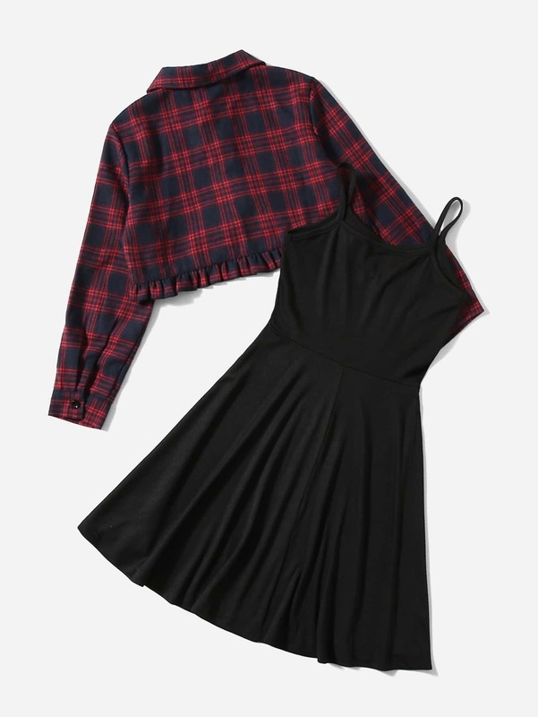 Girls Plaid Print Frill Hem Blouse & Cami Dress SHE