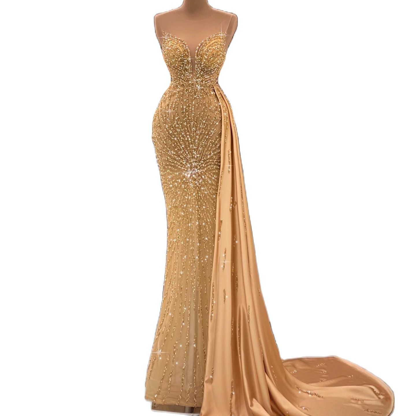 Exquisite Gold Mermaid Evening Dresses With Detachable Train Beaded Crystal Vestidos De Fiesta Dubai Arabic Prom Gown
