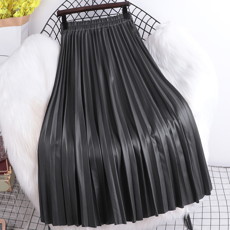 TIGENA Faux Leather Women Maxi Skirt Autumn Winter Casual Solid PU A Line High Waist Pleated Long Female Ladies 220317
