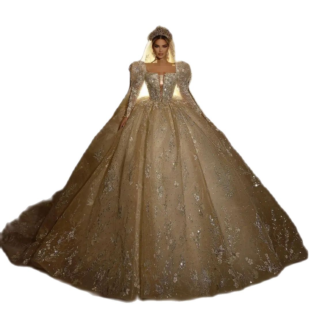 Princess Beading Ball Gown Wedding Dress Puffy Off Shoulder Long Sleeve Sequins Dubai Bridal Gowns Custom Beads Lace Bride Dresses