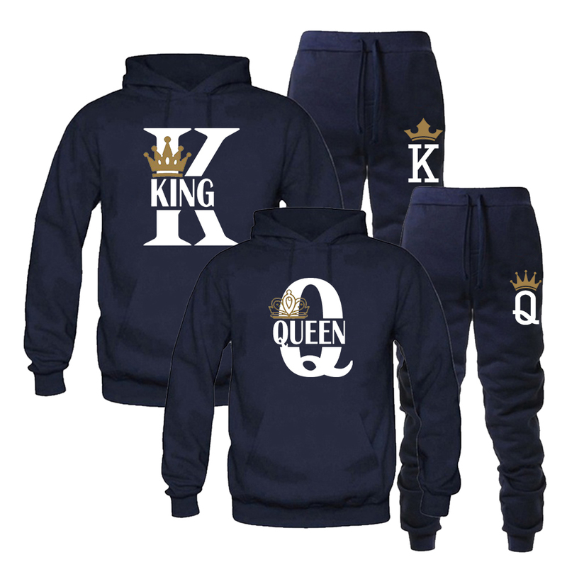 Fashion Lover Couple Sportwear Set KING QUEEN Printed Hooded Clothes 2PCS Set Hoodie and Pants Plus Size Hoodies Women 220708