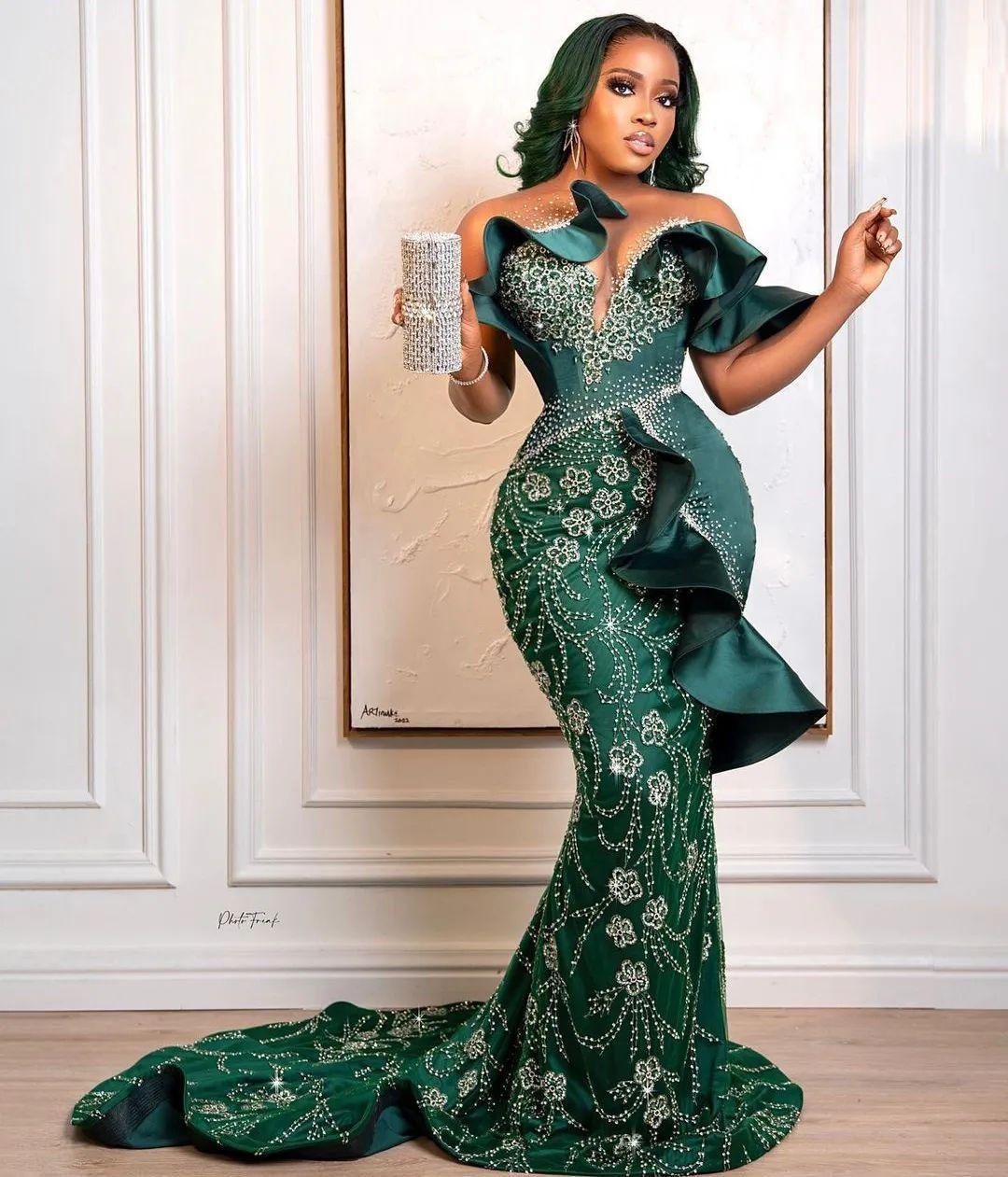 Plus Size Arabic Aso Ebi Hunter Green Mermaid Prom Dresses Beaded Lace Evening Formal Party Second Reception Birthday Gowns Robe De Soiree 0219