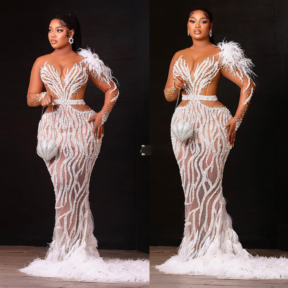 White Mermaid Evening Dresses Glitter Lace Sequins Appliques Feather Floor Length Long Sleeves Sexy V Neck Strapless Custom Made Robe Plus Size Party 