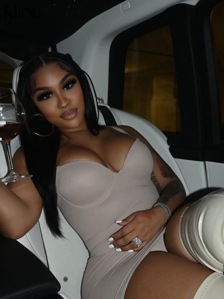 Kliou Body-Shaping Mini Dress Women Patchwork Mesh Strapless Solid Camisole Skirt Sexy Cleavage Sleeveless Club Female Wear 220510