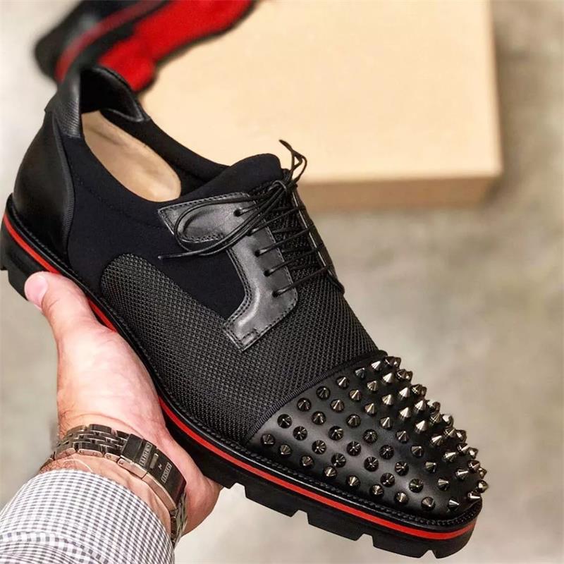 Men Fashion Derby Shoes Black PU Stitching Thick Sole Rivet Lace-Up Personality Street Fashion Shoes