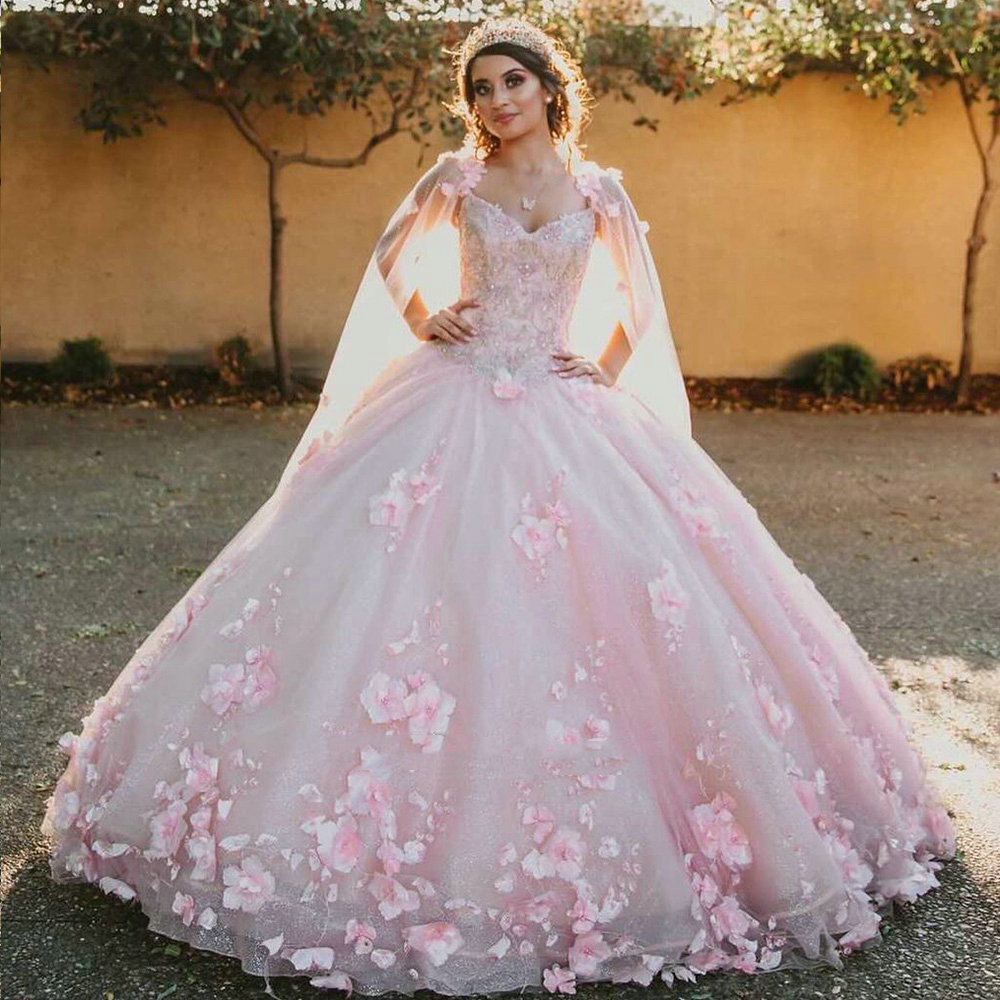 Princess Pink Flowers Quinceanera Dresses With Cap Off Shoulder Corset Ball Gown Long Tulle Prom Party Gowns Chic Floral Cinderella Sweet 16 Dress Ves