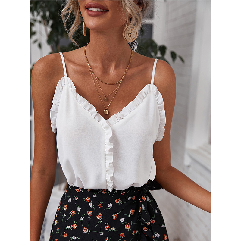 T-shirt Women Summer Temperament Sexy V-Neck Ruffles Backless Pullover Solid Chiffon Camisole Top Women's Clothing 220316