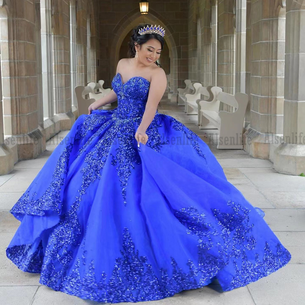 Mexican Royal Blue vestidos de 15 anos Quinceanera Dress with Removeable Sleeves Sequin Applique Sweet 16 Dress Long Prom Gown