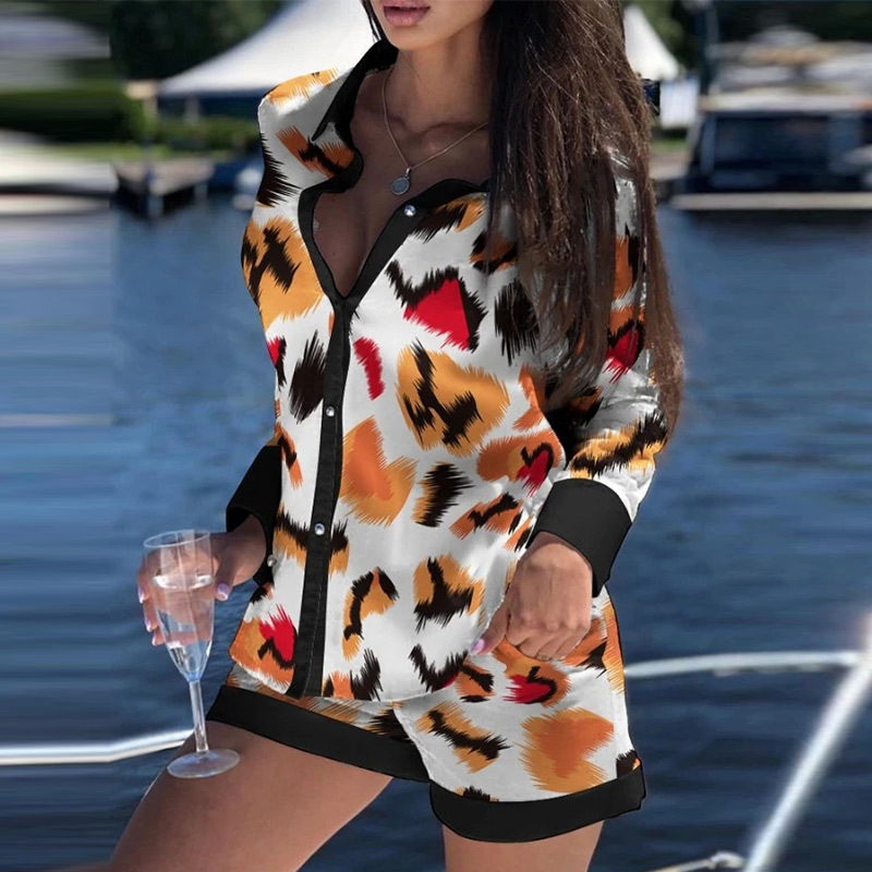 Women Leopard Print Two Piece Sets Summer Autumn Turn Down Collar Shirt Top Short Pant Suit Lady Casual Long Sleeve Outfit 220315