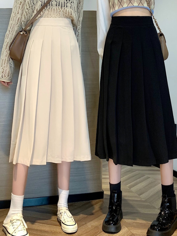 Black Pleated Skirt Half-length Female Autumn Style Korean High Waist Woman s 220322