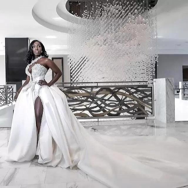 African Nigerian Plus Size Wedding Dresses Luxury Arabic Aso Ebi Crystals High Split puffy skirt Bridal Gowns One Shoulder