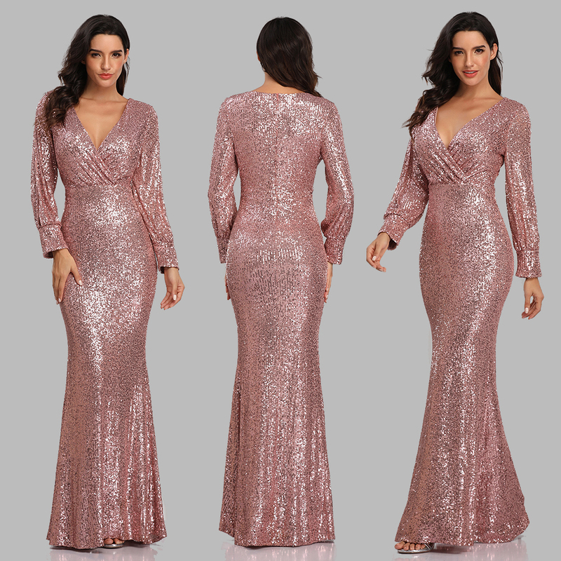 Sexy V-neck Mermaid Evening Dress Long Formal Prom Party Gown Full Sequins long Sleeve Galadress Vestidos Women Dresses 220510