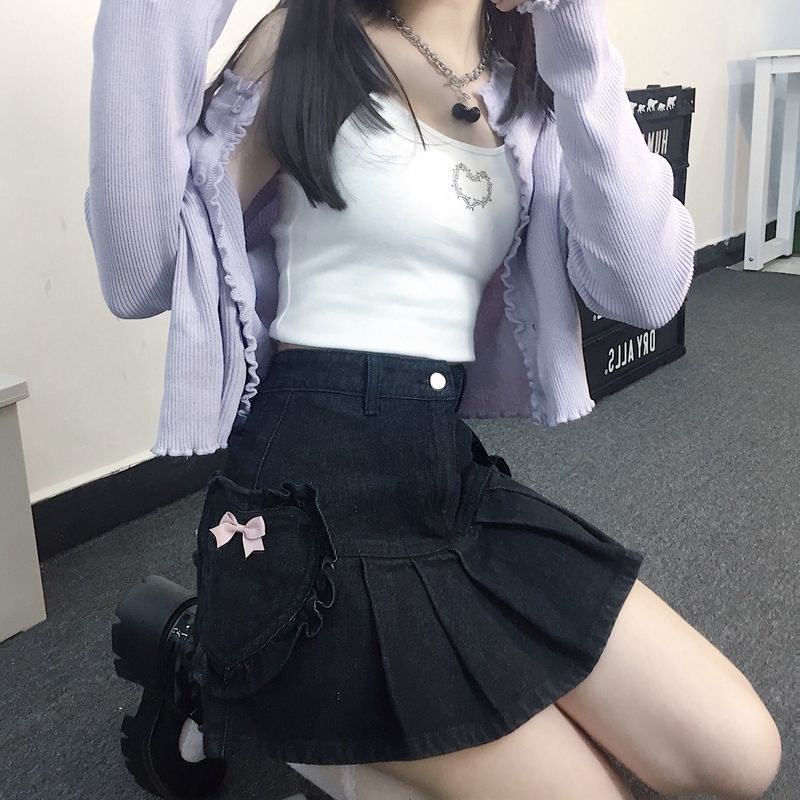HOUZHOU Pastel Goth Black Denim Skirt Women Harajuku Gothic High Waist Bow Pocket Kawaii Pleated Mini Skirts E Girl Streetwear 220317