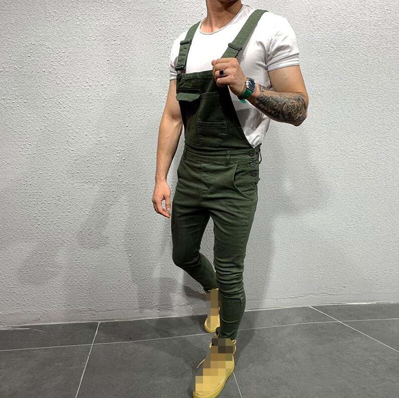 Men Black Jeans Jumpsuits Spring Autumn Casual Skinny Sleeveless Red Denim Overalls Male Slim Green Suspender Pants Streetwear