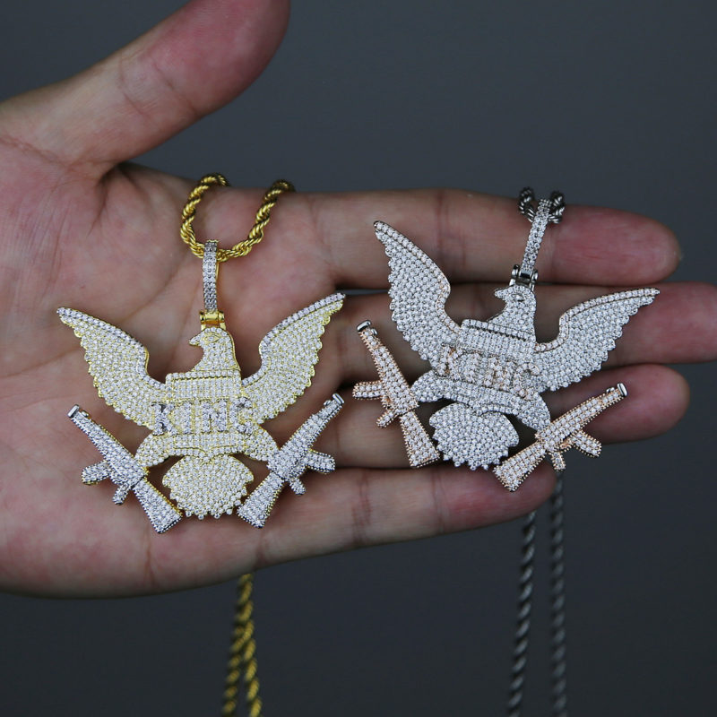 Hip Hop Gold Color Plated Pendant Design Iced Out Micro Paved CZ Bling King Eagle Pendant Necklace for Men Charm Jewelry
