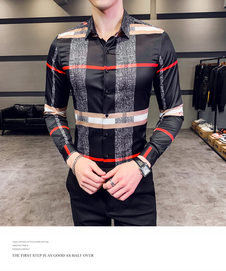 Business Casual Plaid Shirt Men's Formal Workwear Wedding Dress Slim Social Party Clothes Khaki Checked Shirt