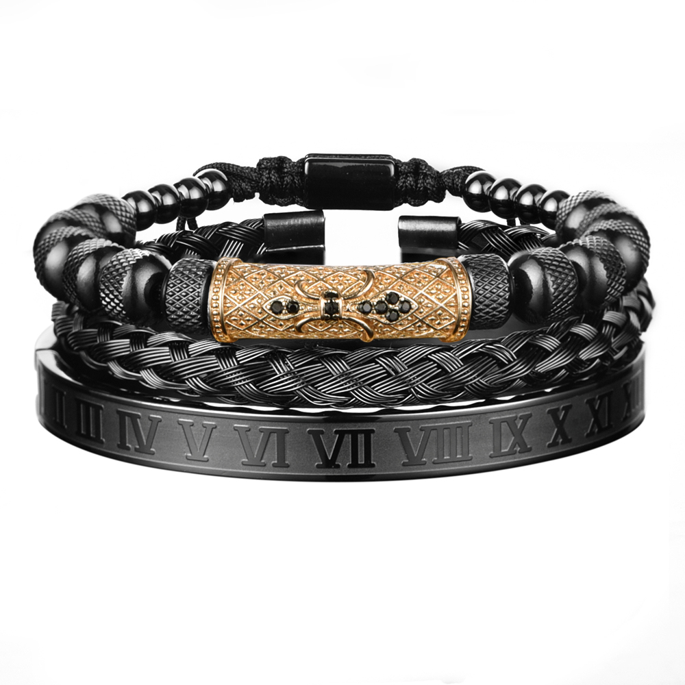 Luxury 3pcs/Set Flower Charm Gold Bangles Stainless Steel Bracelet Men Roman Number Europe Fashion Jewelry Gift For Male Female
