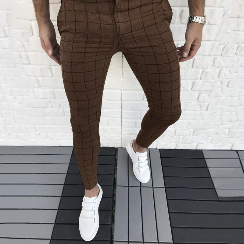 Mens Plaid Check Casual Trousers Skinny Stretch Chinos Slim Fit Pant For Stylish Gentlemen