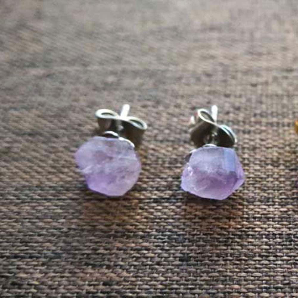 Mini Raw Mineral Purple Crystal Stud Earrings Stainless Steel Ear Studs 6-10mm Small Flower Natural Amethysts Quartz Earrings