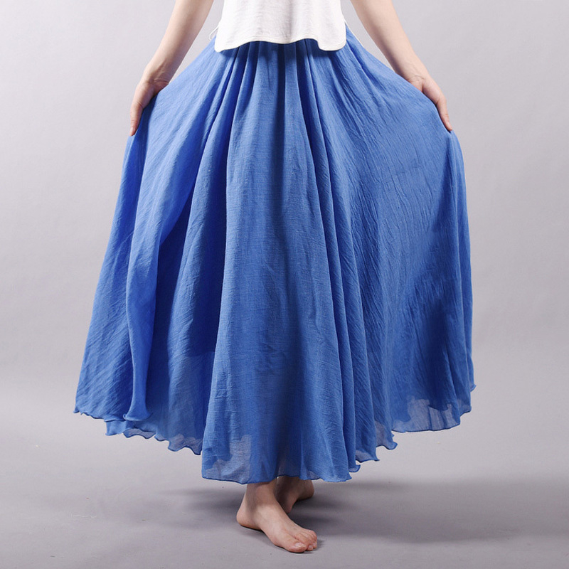 Women Linen Cotton Long Skirts Elastic Waist Pleated Maxi Beach Boho Vintage Summer Faldas Saia 220322