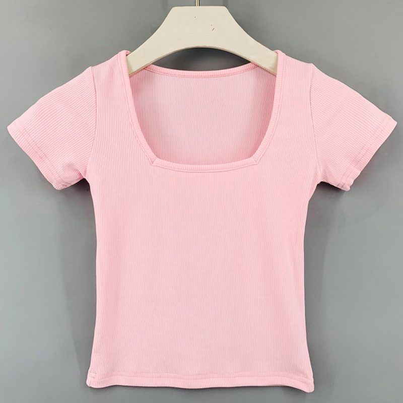 Square Collar Slim Sexy Crop Tops Women Casual Short Sleeve Cotton Pullover Tees Summer Skinny Streetwear T-Shirt Woman 220321
