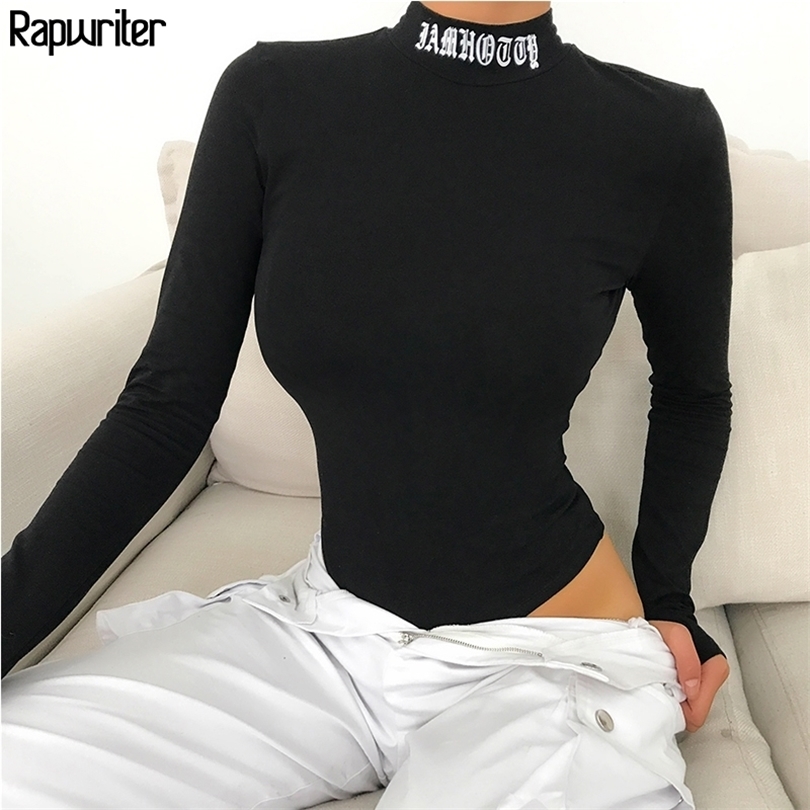 Rapwriter Sexy Backless Letter Embroidery Turtleneck Black Bodysuits Women Fall Winter Long Sleeve Bodycon Fitness Bodysuit