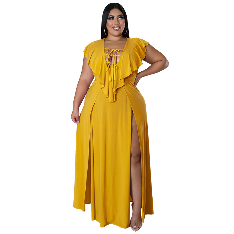 Women Sexy Plus Size Dresses A-Line Ruffle Halter Neck Split Beach Party Maxi Casual Dress Summer