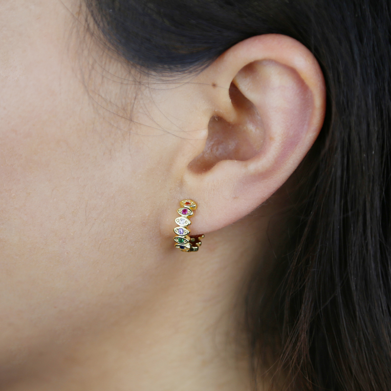 White Rainbow Cubic Zircon Stones Paved Huggie Hoop Earring with Gold Plated Round Stud Earring for Women Lady Party Jewelry Wholesale