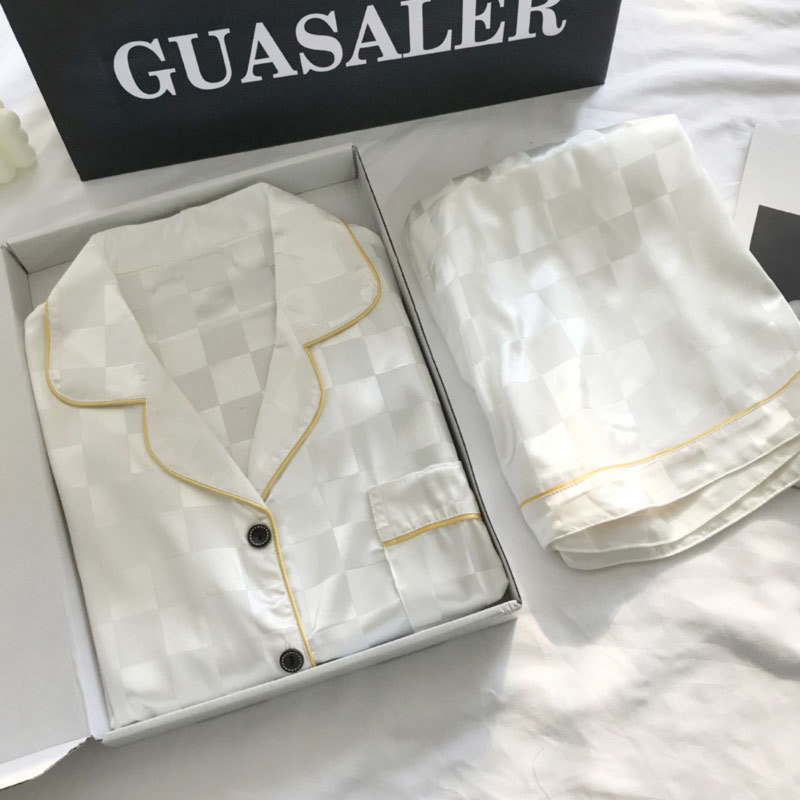 Womens Silk Satin Pajamas Set Short Sleeve Two-piece Pj Sets Sleepwear Loungewear Button-Down 220712