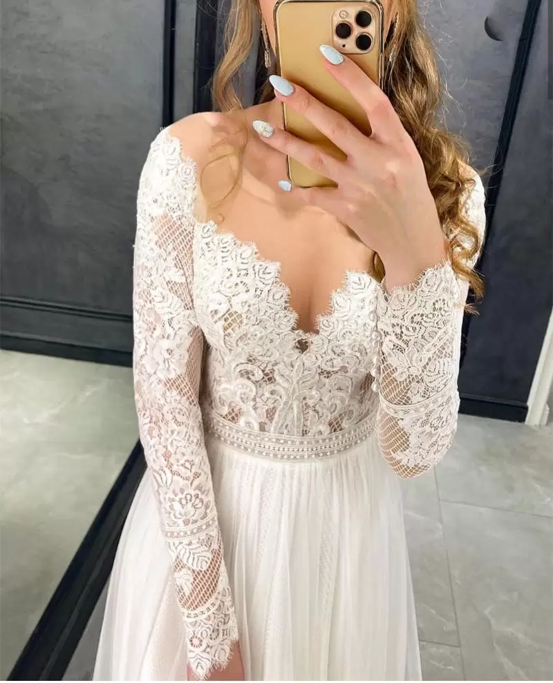 Boho Wedding Gorgeous Dresses Bridal Gown with Long Sleeves Lace Applique Floor Length Tulle Custom Made Beach Vestido De Novia