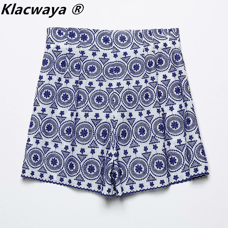 Klacwaya Women Blue Embroidery High Waist Shorts Fashion Lady Boho Style Shorts Vintage Side Zipper Chic Female Pants 220527