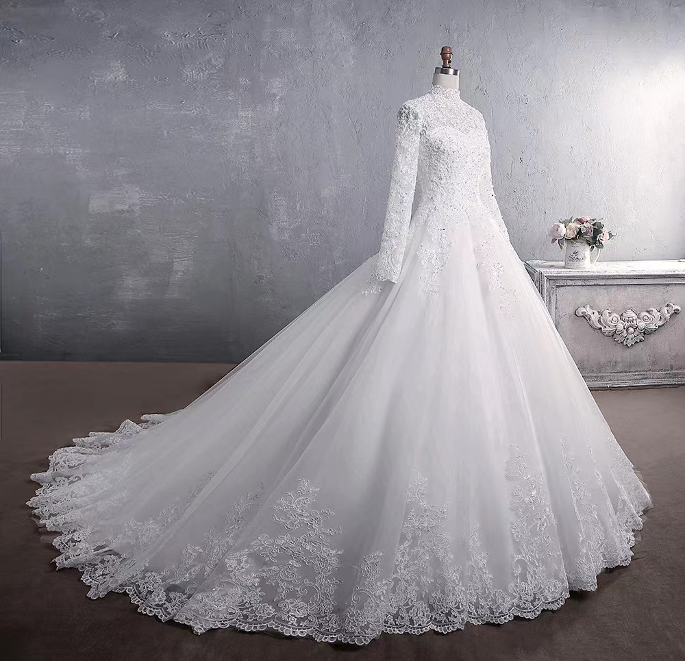 Middle East Arab Wedding Dress Beading Appliques High Neck Long Sleeve Lace Muslim Bride Dresses Big Trailing Plus Size Bridal Gowns Custom