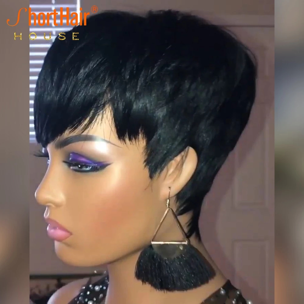 Red Color Brazilian Human Hair Short Pixie Cut Bob Wigs with Bangs Natural Color for Black Women Full Machine Made