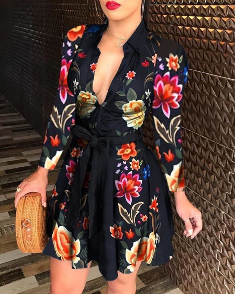 hirigin Women Printed Long Sleeve Dress Casual Bandage Mini A-line Dresses Sexy Party Summer Feminias Vestidos Women Clothes 220523