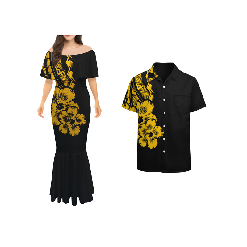 Off Shoulder Polynesian Tribal Print Women Bare Shoulders Dresses Mermaid Skirt Couples Match Clothing Men Shirts 220628