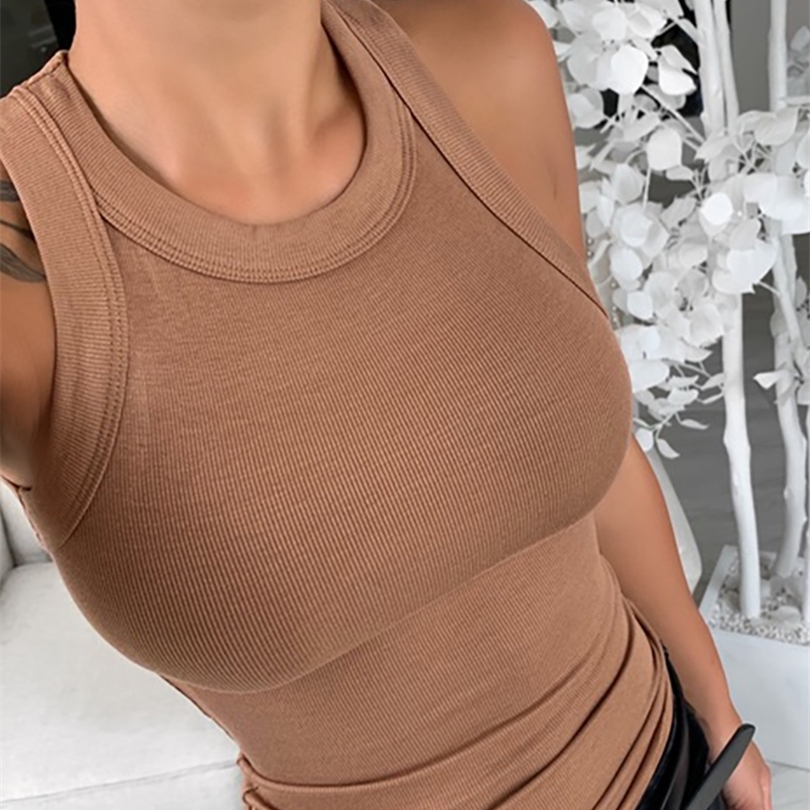 Women Solid Round Neck Ribbed Tank Top Camisole Women Summer Basic Elastic Tank Top O Neck Solid Tank Top Plus Size 210225