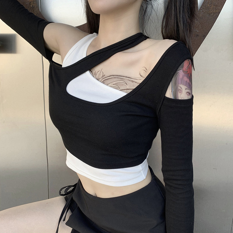 Yedinas Punk Fashion Black White Patchwork Tops Long Sleeve Crop Female Harajuku Grunge Off Shoulder Bodycon Autumn 220328