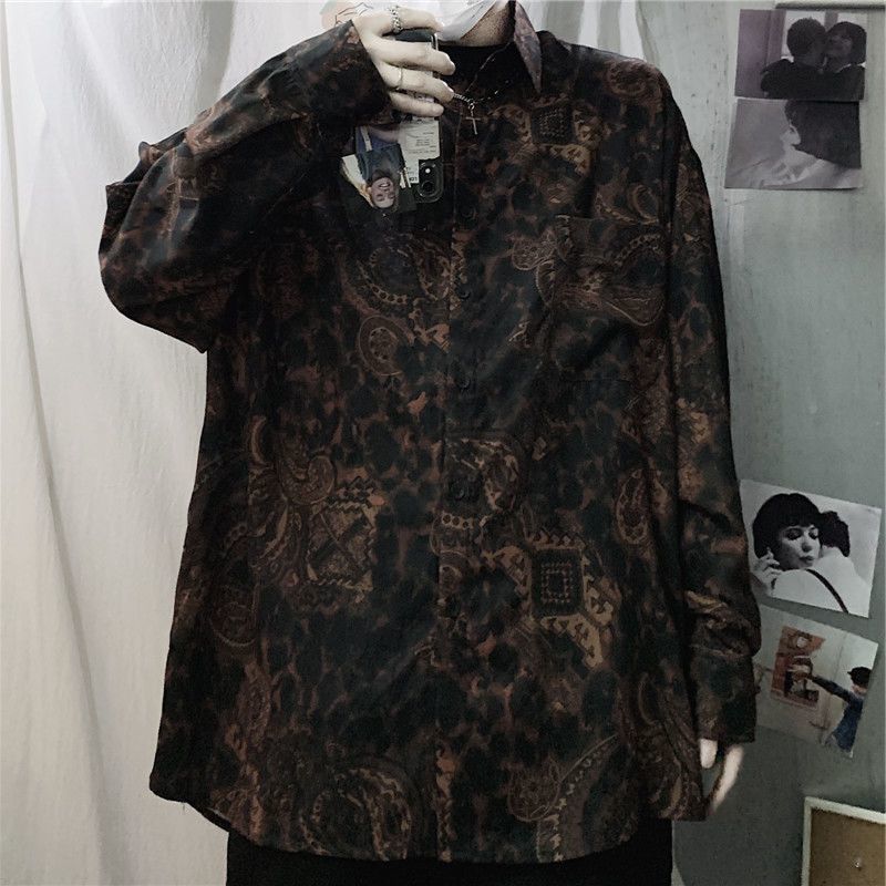 spring autumn long-sleeved shirt Korean vintage Hong Kong style dark abstinence cashew flower print loose jacket men women 220330
