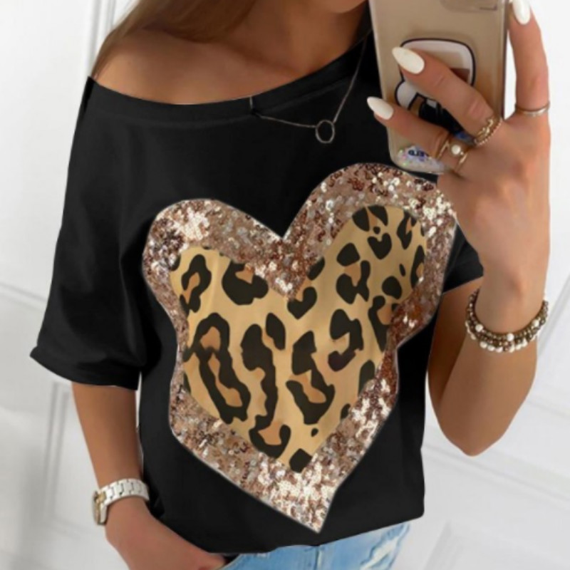 FashionSequined Leopard Heart Printed Casual Black White Shirt O-Neck Elegant Tees Lady Summer Women Tops Short Sleeve G1765 220325