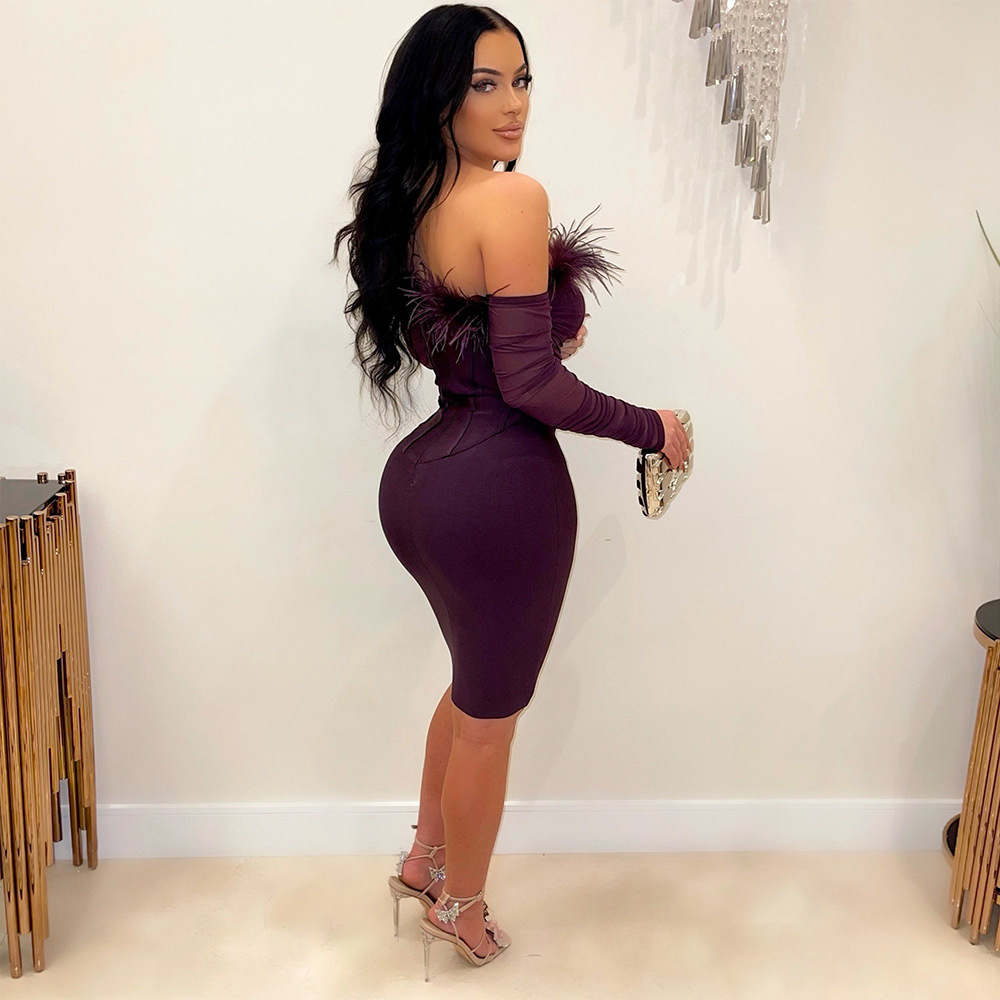 Ostrich Feather Purple Evening Dress 2022 Sexy Strapless Black Girls Prom Dresses With Sleeves Knee Length Sheath Cocktail Party African Women vestido
