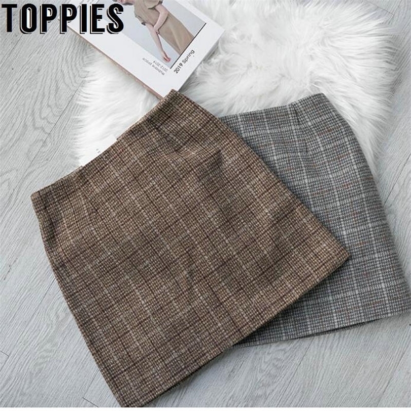 Vintage Plaid Woolen Mini Skirts Korean Fashion Women High Waist Aline Skirts Autumn Winter Streetwear T200324