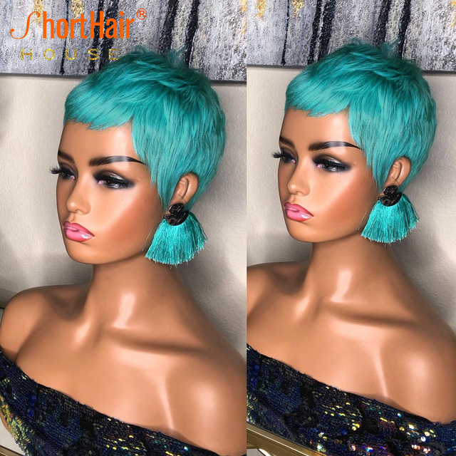 Silver Grey Pixie Short Cut Bob Wig 100% Human Hair Wigs For Women Jewelry Blue Wavy Wigs Full Machine Made Glueless