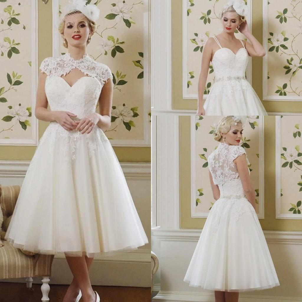 2022 Short Wedding Gowns With Detachable Wrap Jacket Lace Appliqued Spaghetti Straps Plus Size Bridal DressesTea Length Sleeveless A Line Vestidos De 