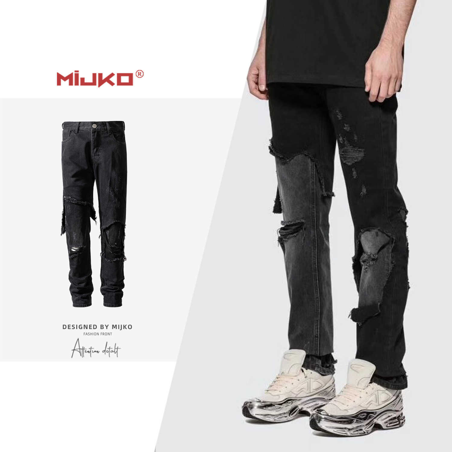 Men's Jeans Mijko men's wear women's spring and summer new street RAF style washing and street brushing black cow men's and women's same perforated
Men's Jeans Mijko men's wear women's spring and summer new street RAF style washing and street brushing black cow men's and women's same perforated