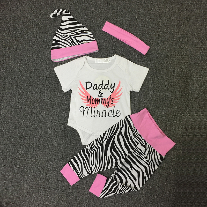 4PCS Sets born Baby girls clothes Daddy & Mommy's Miracle Bodysuit + Zebra Pants+Hat +Headband Infant Toddle Girls Outfit 220509