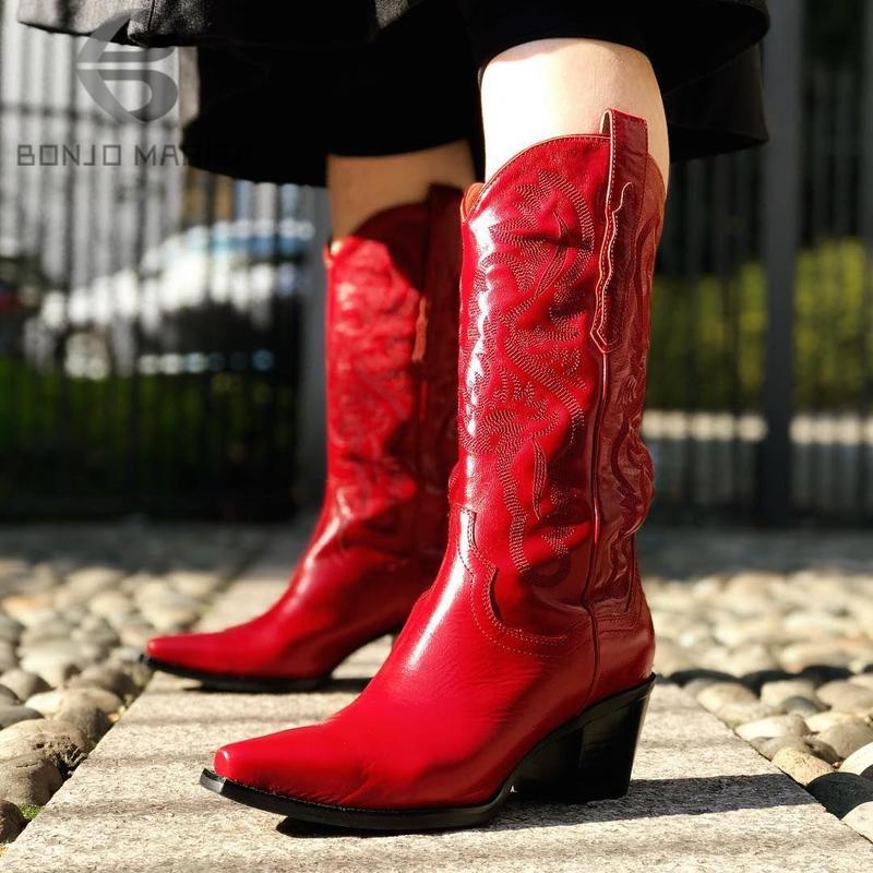 BONJOMARISA Female Fashion Vintage Cowboy Cowgirls Western Boots Chunky Casual Solid Embroidery Slip On Autunn Retro Shoes Woman 220810
