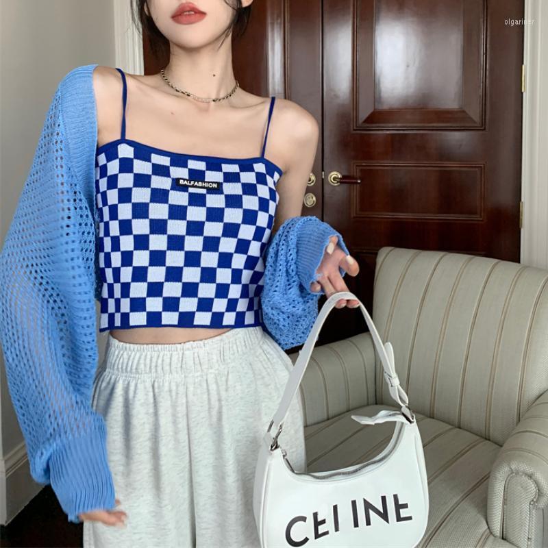 Women's Knits & Tees Summer 2022 Checkerboard Plaid Sexy Backless Camisole Women Hollow Solid Color Versatile Knit Cardigan Two-piece SuitWo, Blue camisole
Women's Knits & Tees Summer 2022 Checkerboard Plaid Sexy Backless Camisole Women Hollow Solid Color Versatile Knit Cardigan Two-piece SuitWo, Blue camisole