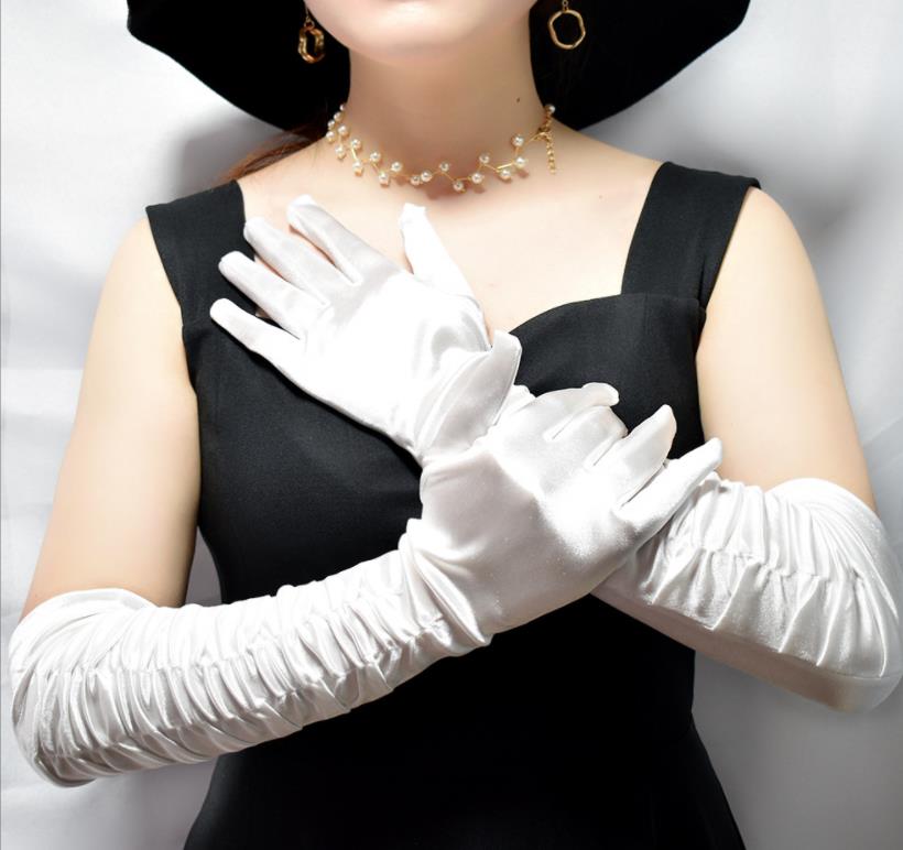 1920s Party Gloves for Women Long Satin Opera Glove Costume Accessories Shirred Elbow Finger Gloves Evening Cosplay Mittens Stage Props Black Red Whit