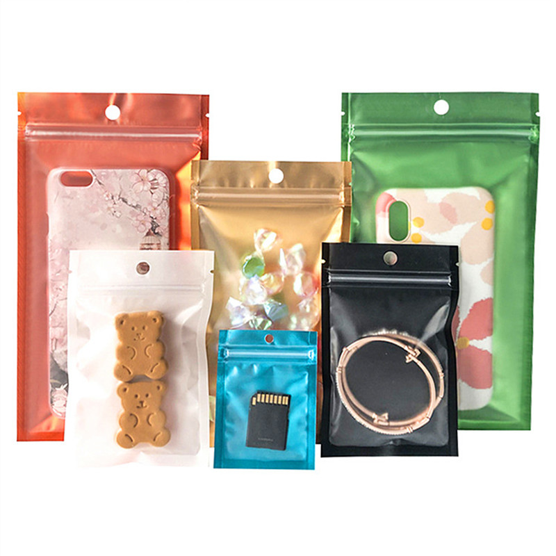 200PCS Clear Front Aluminum Foil Zip lock Packaging Bags Resealable Black White Gold Snack Chocolate Cereals Salt Dried Beaf Flowers Hanging Zipper Po