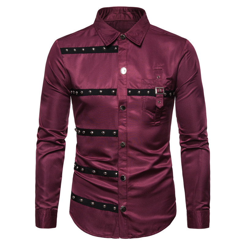 European Version Mens Gothic Style Rivet Long Sleeve Shirt Dress Casual Hip Hop Male Personality Shirts Fit Slim Clothes 220322